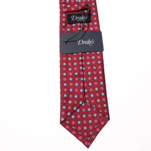 Drake's NWT Neck Tie in Red with Light Blue & White Geometric Pattern 100% Silk